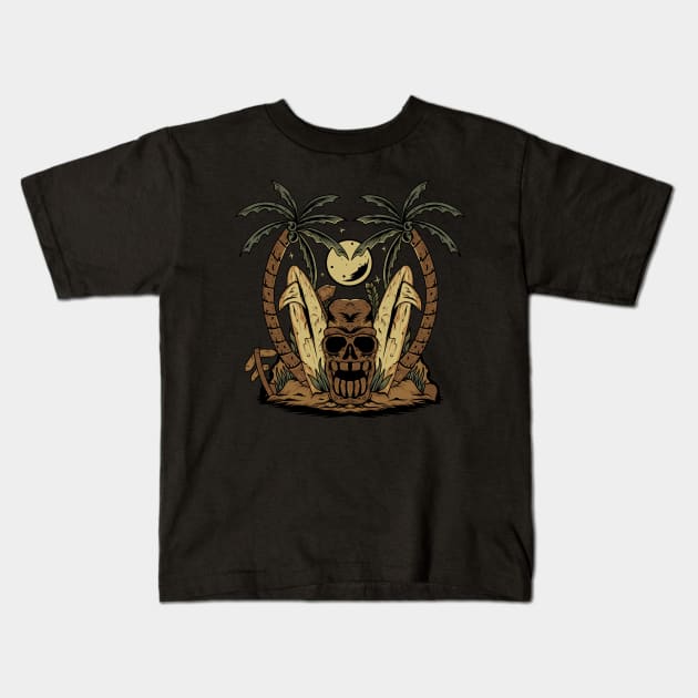 Tiki skull surfer palm trees beach .Hallloween Kids T-Shirt by Prints by Hitz